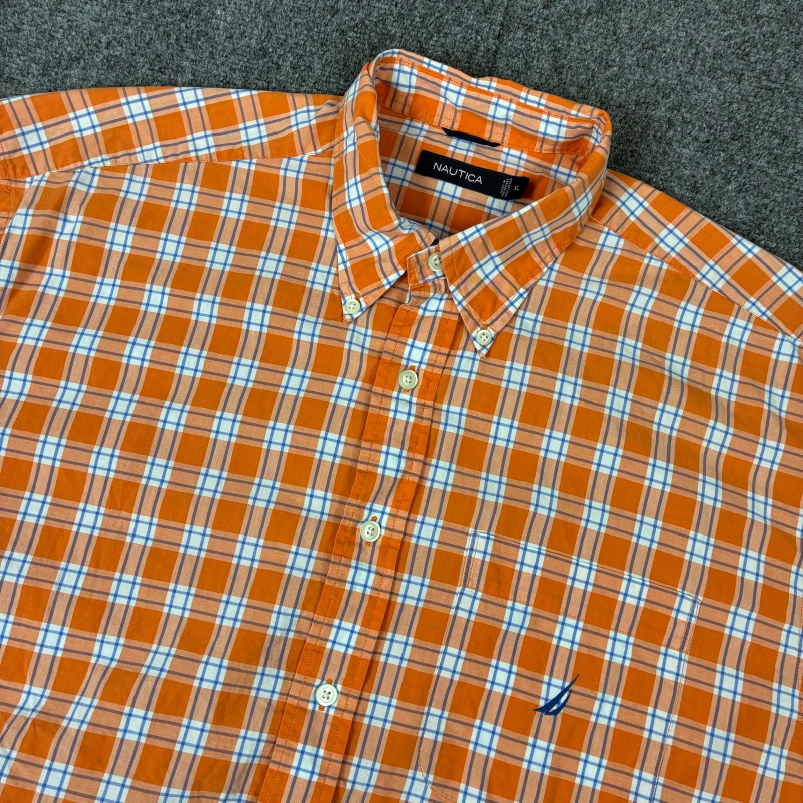 Nautica Mens Xl Short Sleeve Button Down Shirt Orange Blue Plaid Cotton 1272